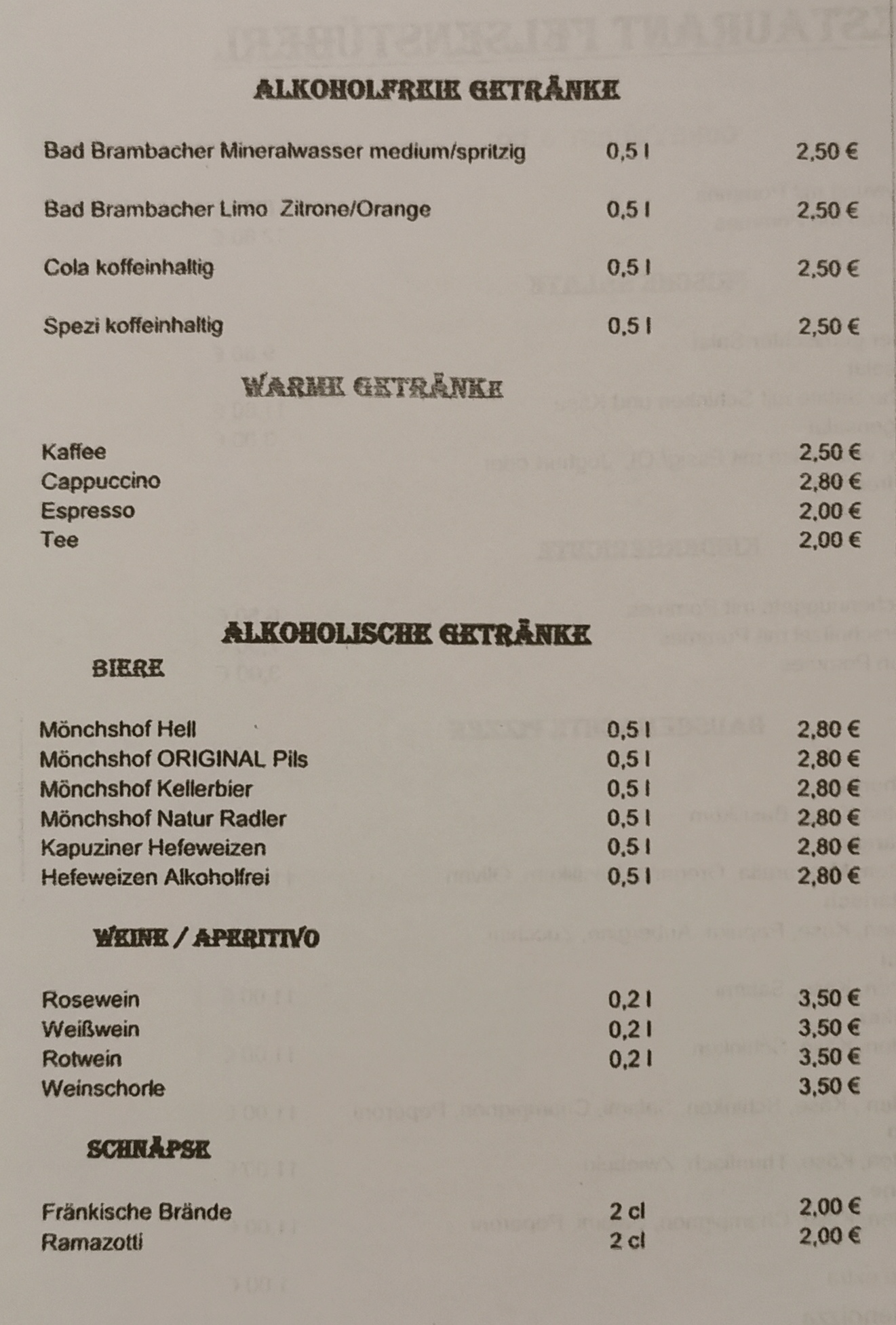 Getränkekarte des Restaurant Felsenstüberl auf dem Campingplatz Betzenstein