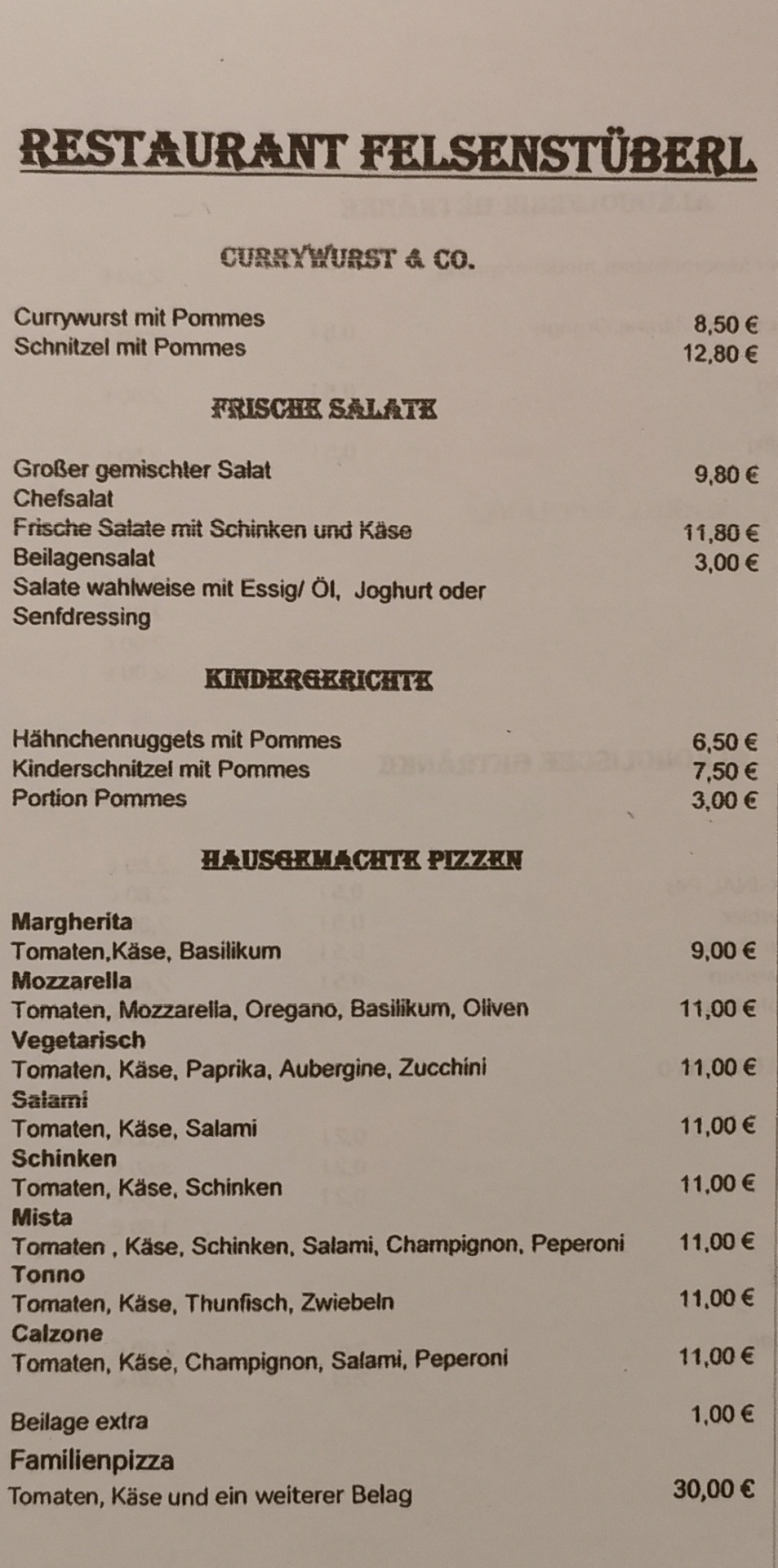 Speisekarte des Restaurant Felsenstüberl auf dem Campingplatz Betzenstein